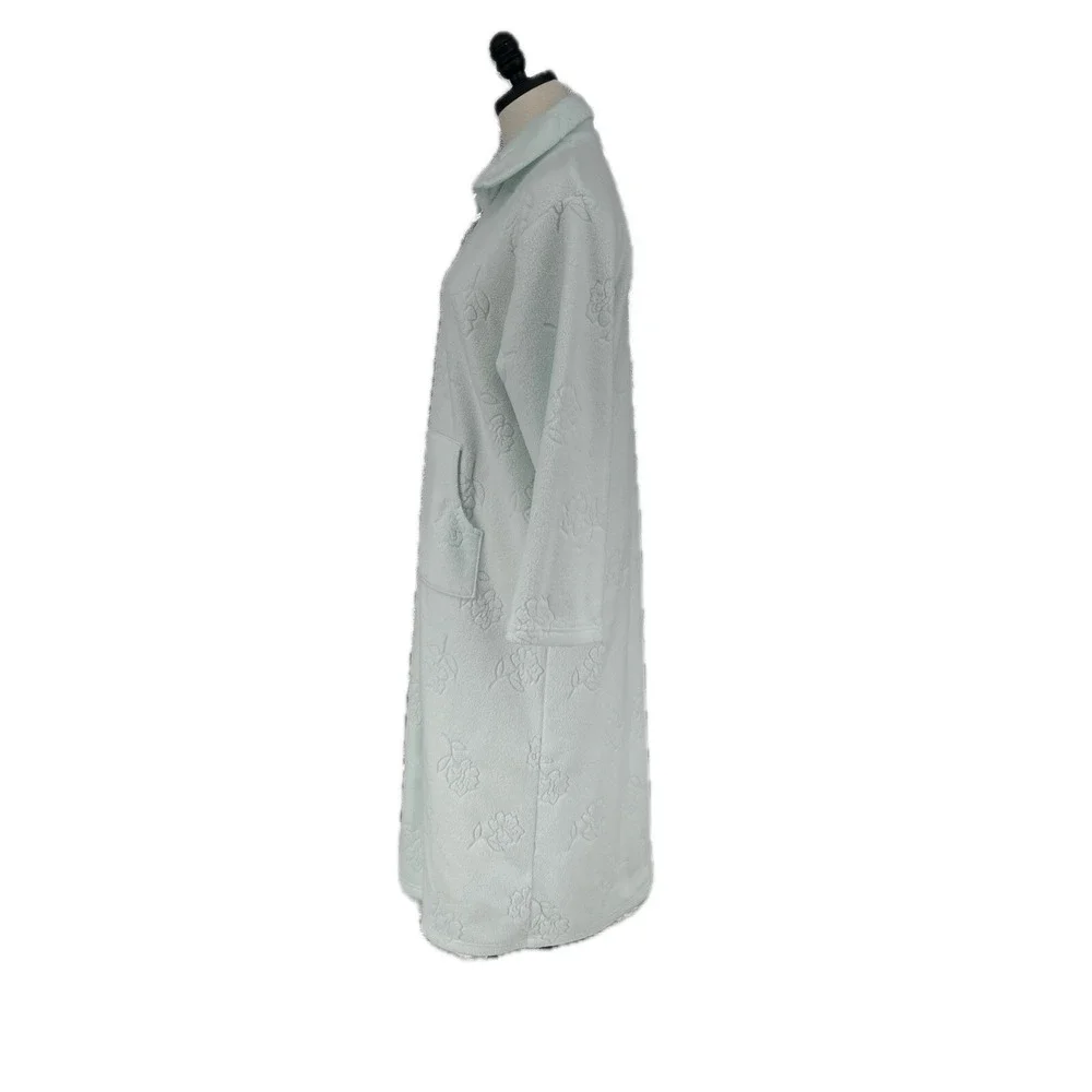 Miss Elaine Mint Green Floral Embossed Fleece Robe Zip Front Pockets Size‎ S